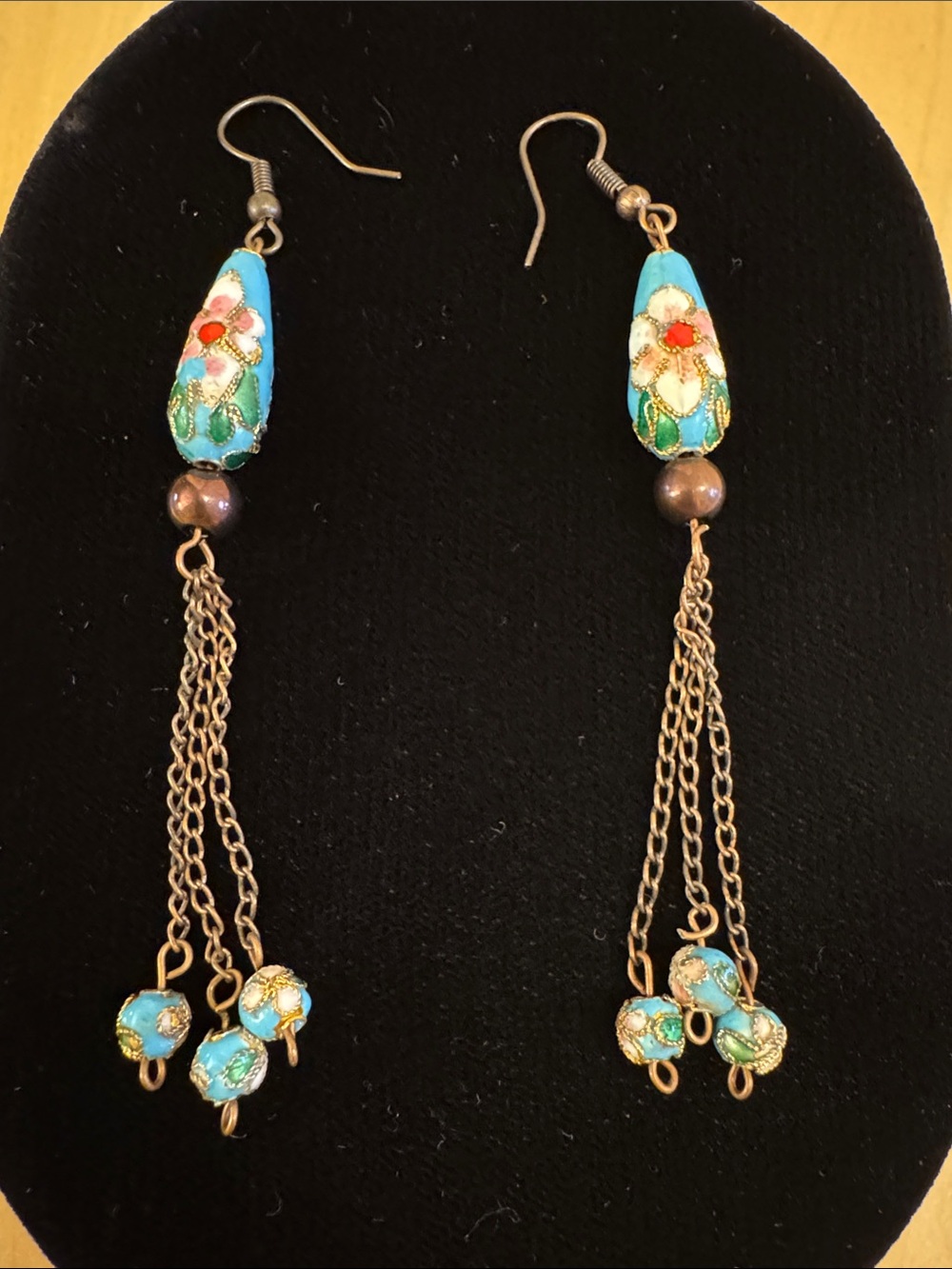 Turqoise floral cloisonné beaded dangle earrings with cascading bronze chain